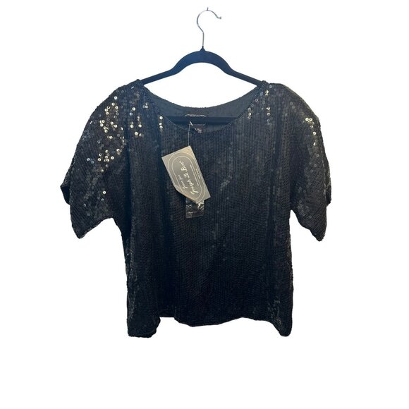 VTG Joseph Le Bon XL Black Sequin Silk Beaded Top 22x23 Boxy Evening Party - Picture 1 of 9